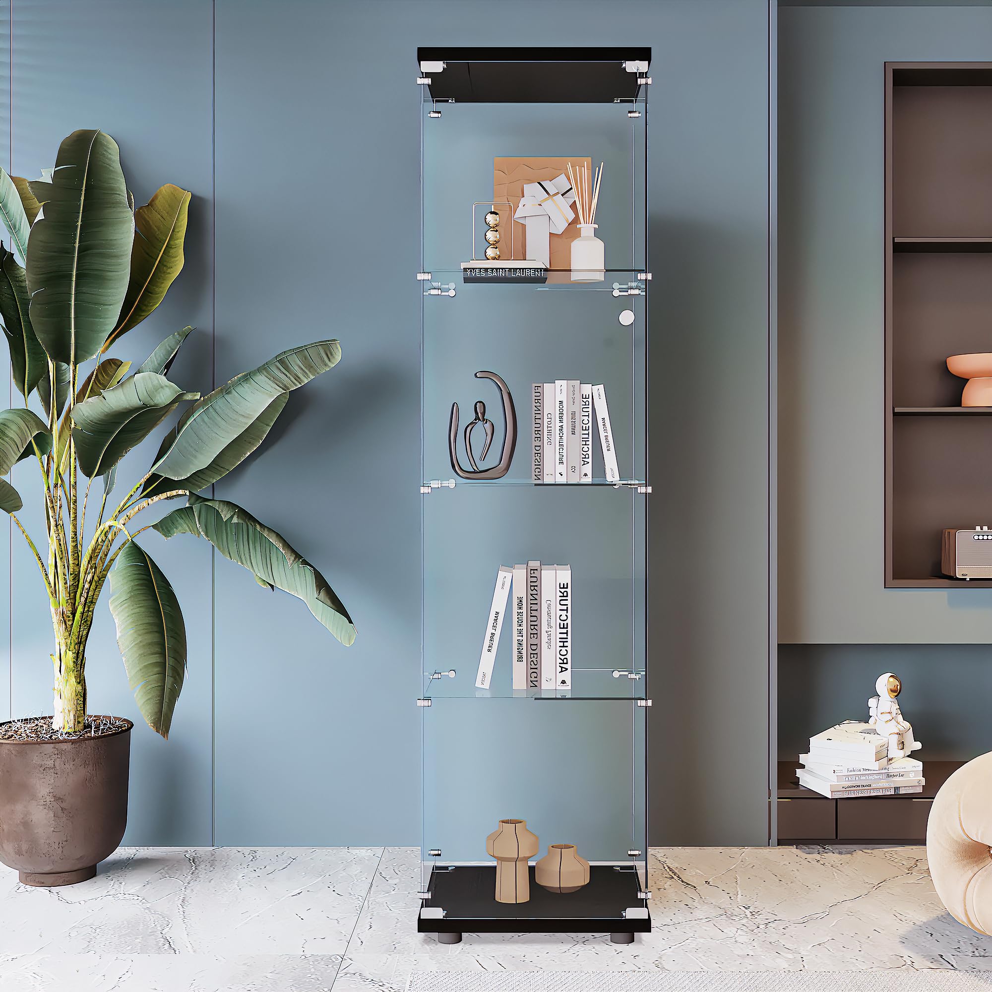 Beauty4U Glass Display Cabinet With 4 Shelves, Curio Cabinets For Living Room, Bedroom, Office, Black Floor Standing Glass Bookshelf, Quick Installation